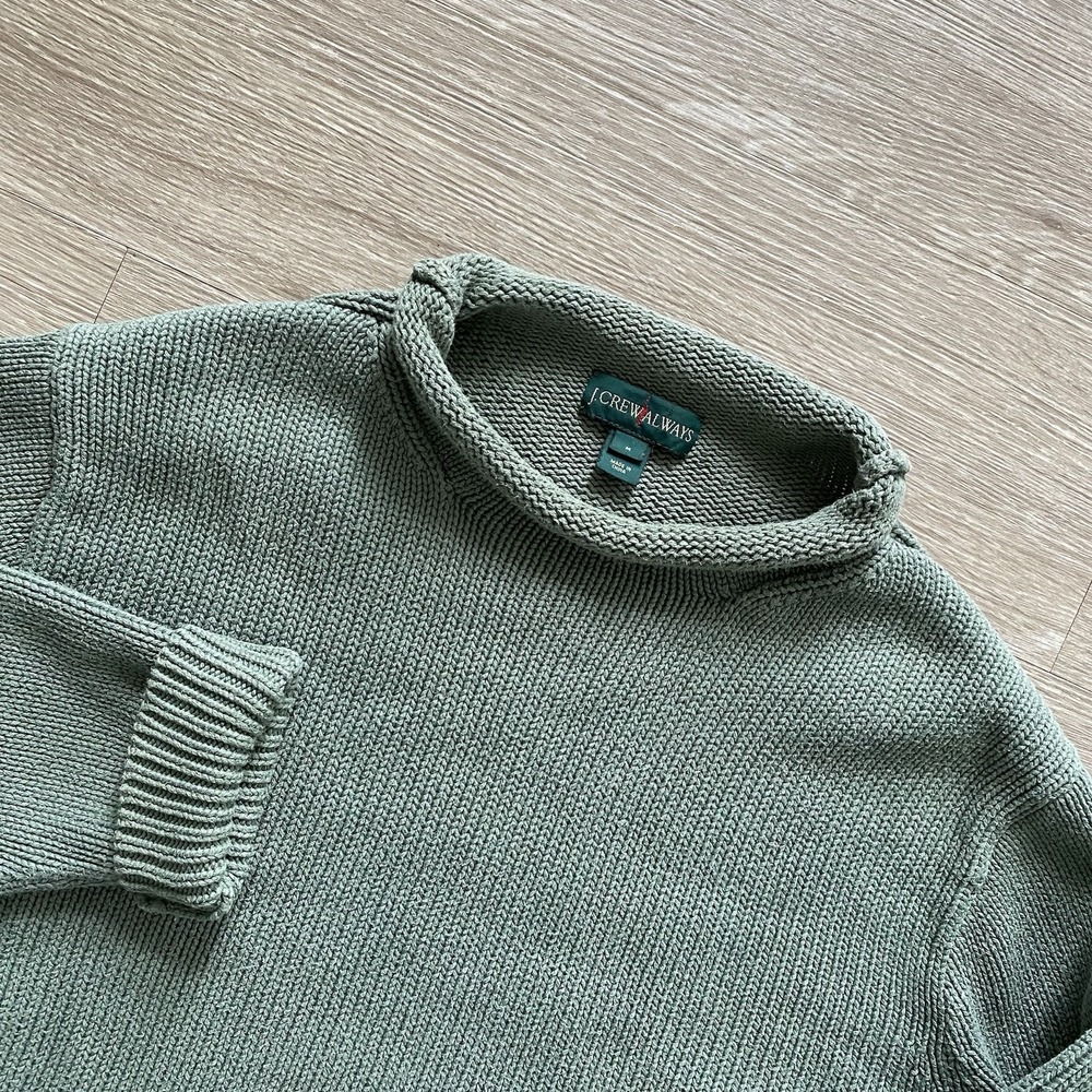 J. Crew Oarsman 100% Cotton Roll Neck Sweater Men's M Green Chunky Knit Heavy